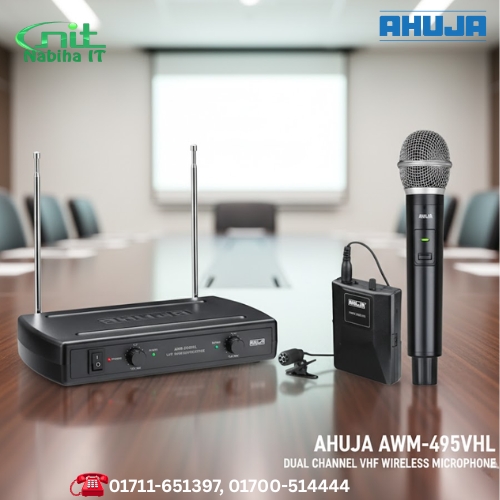 Ahuja AWM-495VHL Dual Channel VHF Wireless Mic | Handheld & Tie-Clip