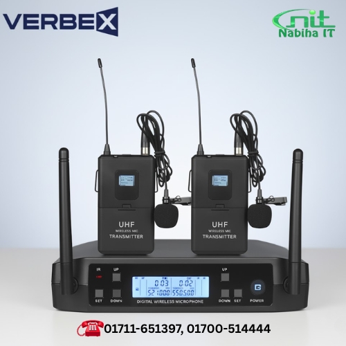Verbex VT-GLXD4 Dual Head/Tie Wireless Mic | UHF Hands-Free System 2-Head/Tie