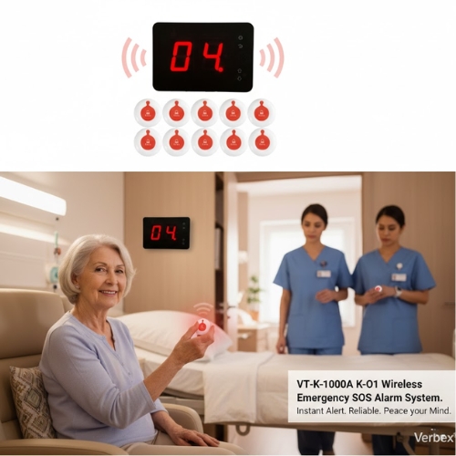 Verbex VT-K-1000A K-O1 Wireless Emergency SOS Alarm System – 1 Receiver + 10 Call Buttons for Hospitals & Homes
