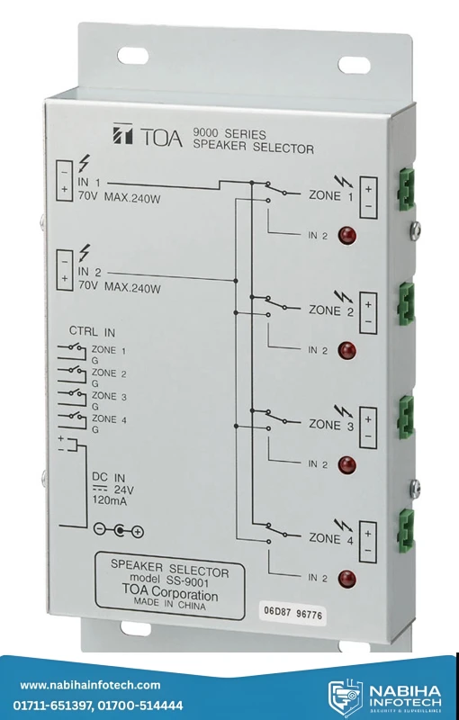 TOA SS-9001 4-Zone Speaker Selector – Manual Switcher for High-Impedance 100V PA Systems