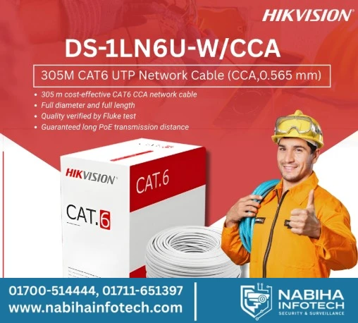 Hikvision DS-1LN6U-W/CCA 305M CAT6 Cable – 0.565mm UTP Network Roll