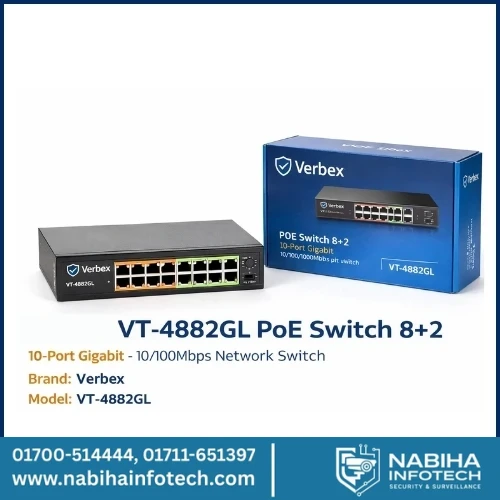 Verbex VT-4882GL Poe Switch 8+2 10-Port Gigabit - 10/100mbps Network Switch
