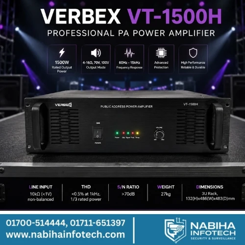 Verbex VT-1500H 1500-Watt Professional Audio PA System Power Amplifier for Industrial Use
