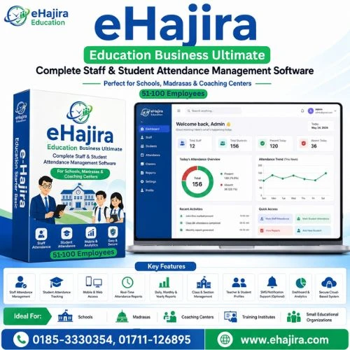 eHajira Education Business Ultimate — Complete Staff & Student Attendance Management Software for Schools, Madrasas & Coaching Centers (51–100 Employees)